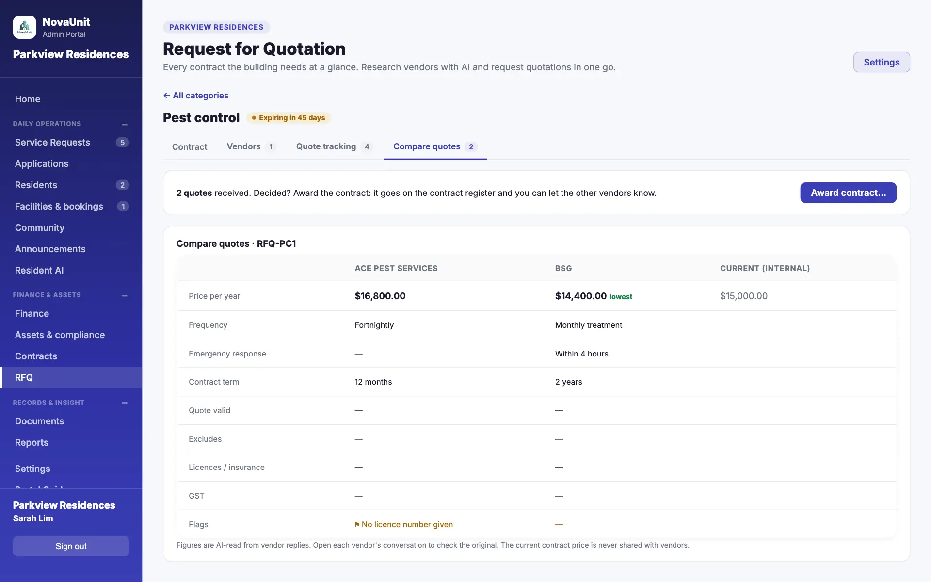Quotes from two vendors compared side by side, with the lowest price marked